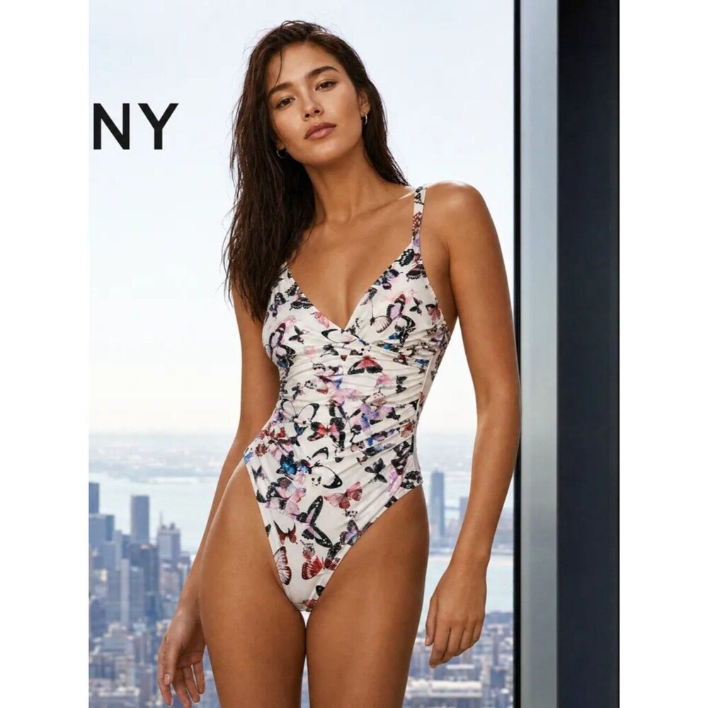 DKNY Butterfly Print One Piece Swimsuit Tummy Control Surplice Size 6 NWT